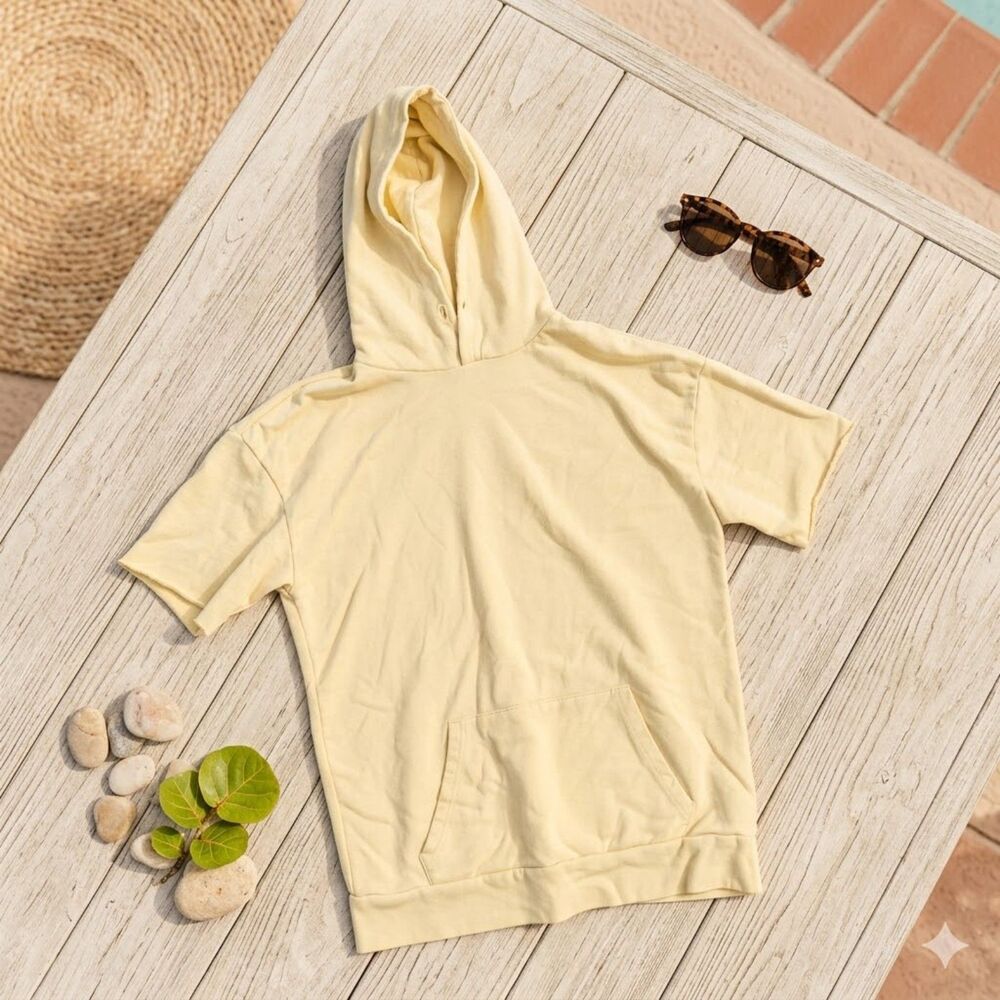 Zara Man Cut Off Hoodie Vintage Yellow Short Sleeve Small Raw Hem Summer